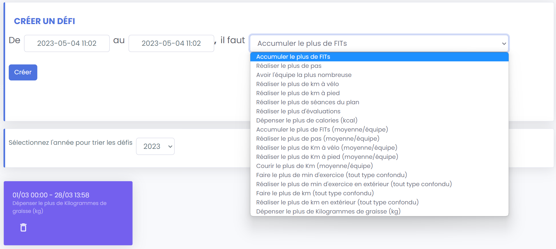 Tableau de bord challenges